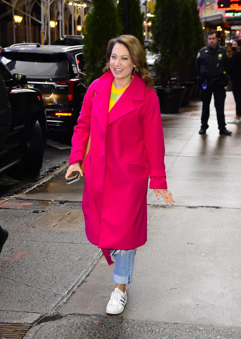 Ginger Zee wears pink coat and jeans