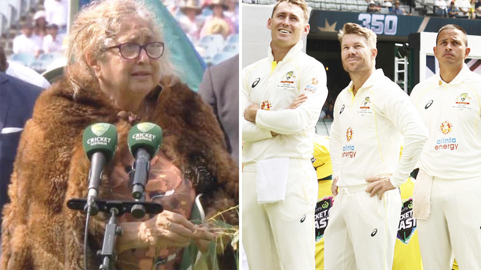 Wiradjuri elder Aunty Joy Wandin Murphy is pictured giving the Welcome to Country on the left, with Australia cricketers watching over on the right.