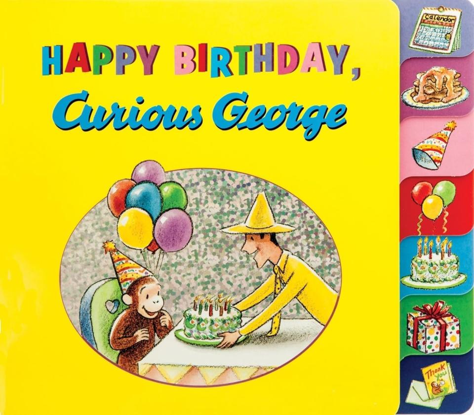 Book cover, "Happy Birthday, Curious George," featuring George and the Man in the Yellow Hat with a cake and balloons