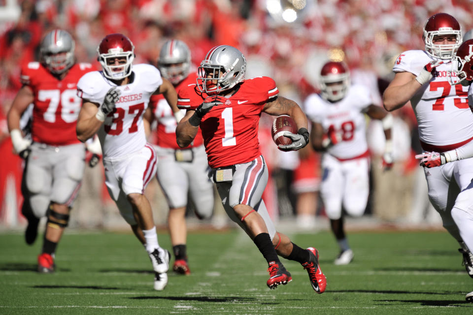 COLUMBUS, OH - NOVEMBER 5: Dan Herron #1 of the Ohio State Buckeyes breaks free for a 48-yard run in the first half against the Indiana Hoosiers to set up a field goal at Ohio Stadium on November 5, 2011 in Columbus, Ohio. (Photo by Jamie Sabau/Getty Images)