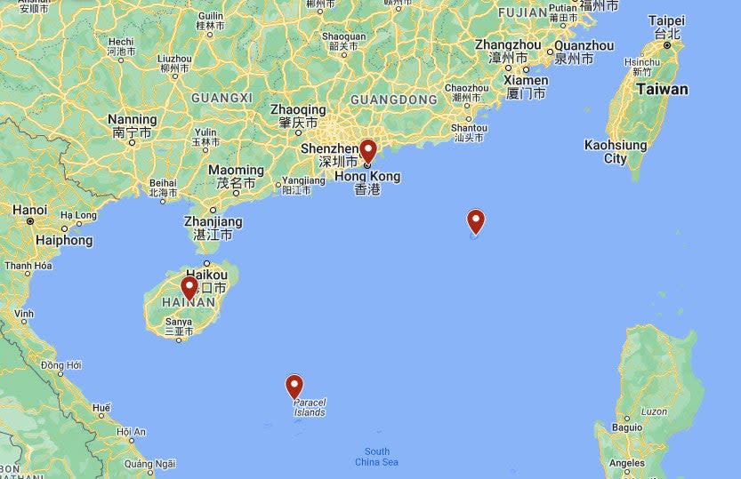 A map giving a general sense of various locations pertinent to this story, including Hainan Island to the West and Hong Kong to the North. Also marked are Woody Island, part of the Paracel Islands chain, to the South and Pratas Island to the East. <em>Google Maps</em>