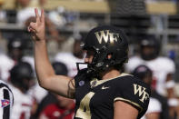 Wake Forest place kicker Nick Sciba celebrates after kicking the game winning field goal against Louisville during the second half of an NCAA college football game on Saturday, Oct. 2, 2021, in Winston-Salem, N.C. (AP Photo/Chris Carlson)