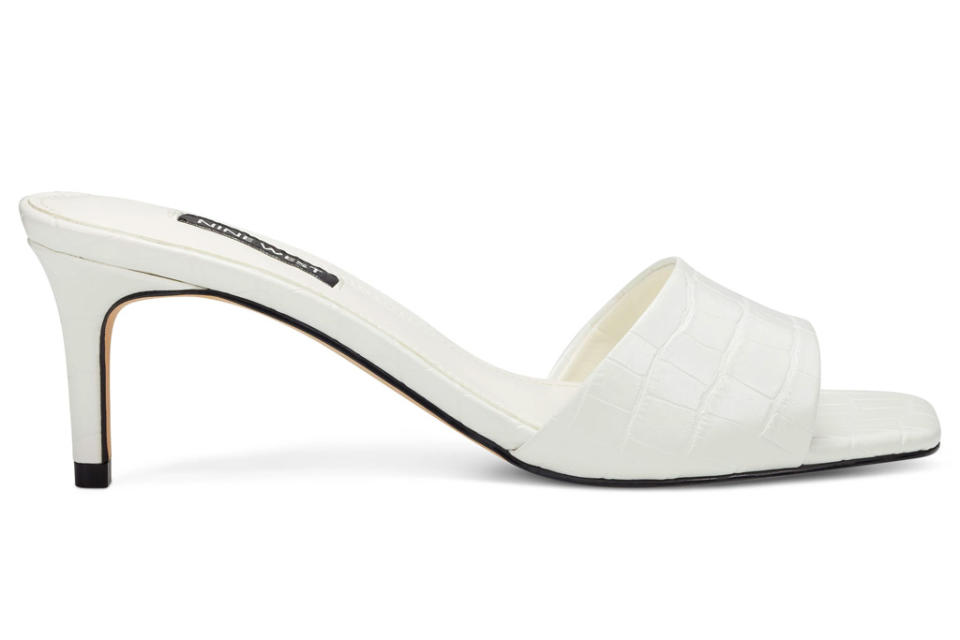 nine west, white mules, heels, sandals, square toe