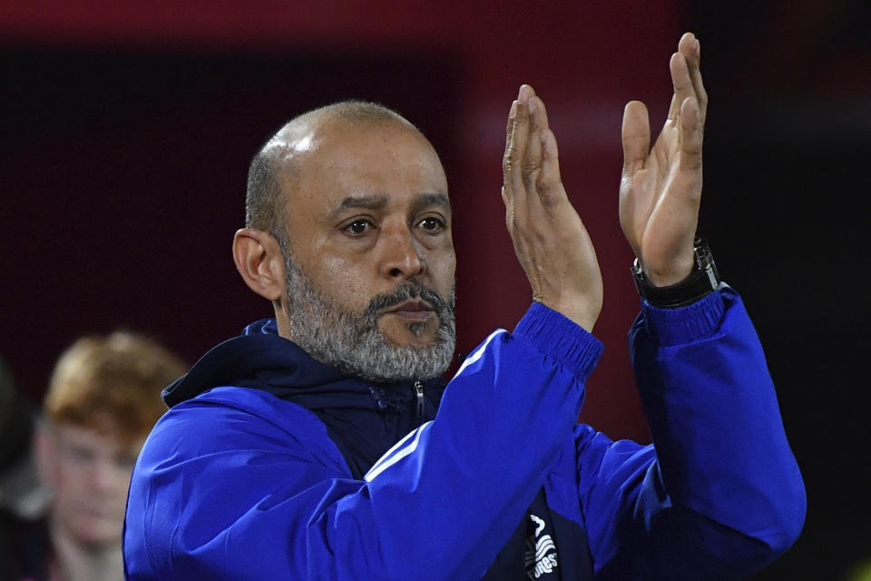 Nottingham Forest's head coach Nuno Espirito Santo arrives for the English FA Cup fifth round soccer match between Nottingham Forest and Manchester United at City ground in Nottingham, England, Wednesday, Feb. 28, 2024. (AP Photo/Rui Vieira)
