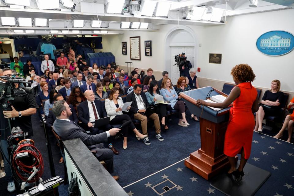 U.S.  White House Press Secretary Karine Jean-Pierre holds the daily press briefing in a newly refurbished briefing room at the White House in Washington, U.S. July 24, 2023.