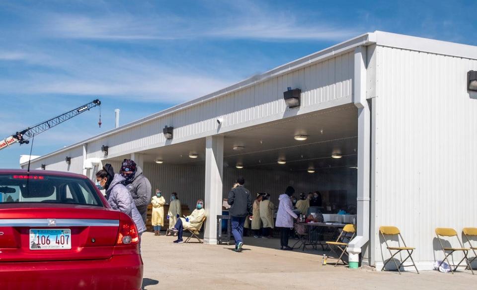 Medical staff prepare to test workers for Covid-19 at Rantoul Foods on Friday, May 8, 2020, as part of a two-day mass testing event.