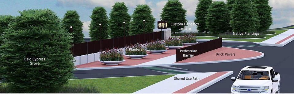A rendering by Lochmueller Group of how the I-70/U.S. 63 connector could look with proposed design enhancements for pedestrians instead of the standard gray concrete from MoDOT. Enhancements can be paid via city funds, public-private partnerships and grants.