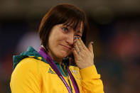 Gold medallist Anna Meares of Australia celebrates during the medal ceremony for the Women's Sprint Track Cycling Final on Day 11 of the London 2012 Olympic Games at Velodrome on August 7, 2012 in London, England. (Photo by Bryn Lennon/Getty Images)