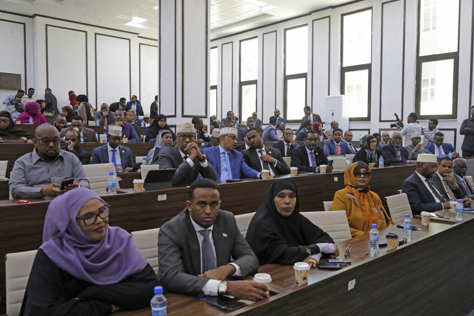 Somalia members of parliament listen to President Hassan Sheikh Mohamud at parliament buildings in Mogadishu, Somalia, Wednesday, Feb 21, 2024. Somalia announced a defense deal with Turkey to deter Ethiopia's access to sea through a breakaway region. Ethiopia signed a memorandum of understanding with Somaliland on Jan. 1. The document has rattled Somalia, which said it's prepared to go to war over it because it considers Somaliland part of its territory. (AP Photo/Farah Abdi Warsameh)