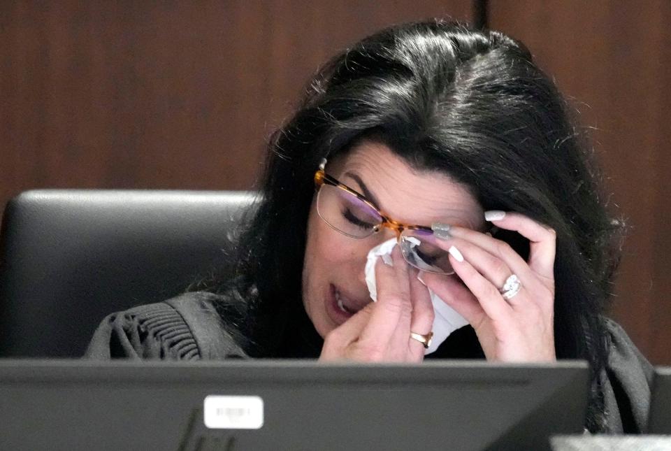 Waukesha County Circuit Court Judge Jennifer Dorow tears up while talking about victim statements during her closing remarks before giving Darrell Brooks the maximum penalty of six life sentences and hundreds of additional years for the Waukesha Christmas Parade attack.