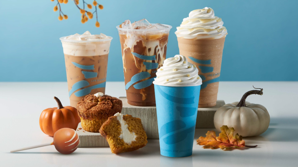 Caribou Coffee's fall menu, available starting August 24, includes 15 different pumpkin drinks and Pumpkin Cake Pops and Pumpkin Cream Cheese Muffins.