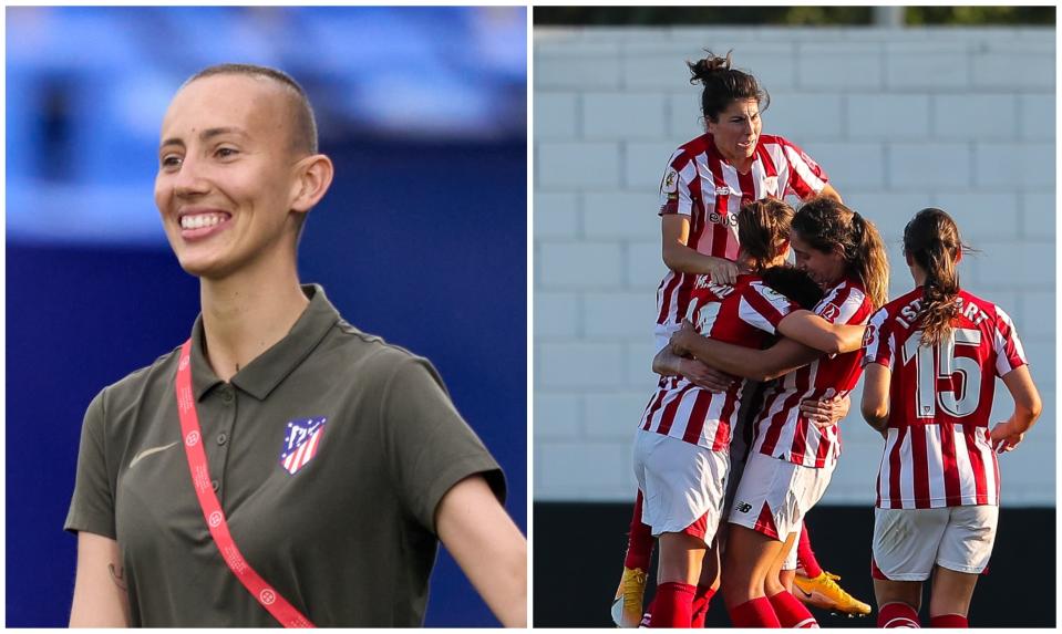 La futbolista del Atlético de Madrid Virginia Torrecilla y las jugadoras del Athletic celebrando un gol la temporada pasada. (Foto: Angel Martinez / Getty Images / Ivan Terron / Europa Press Sports / Getty Images).