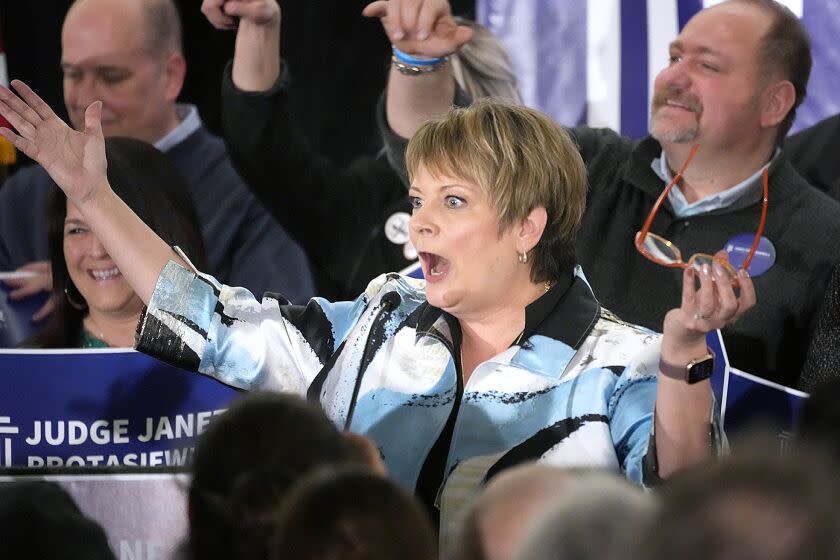 Supreme Court candidate Janet Protasiewicz reacts while speaking at her election night watch party in Milwaukee, Wis., on Tuesday, April 4, 2023. Protasiewicz, 60, defeated former Justice Dan Kelly, who previously worked for Republicans and had support from the state's leading anti-abortion groups. (Mike De Sisti /Milwaukee Journal-Sentinel via AP)