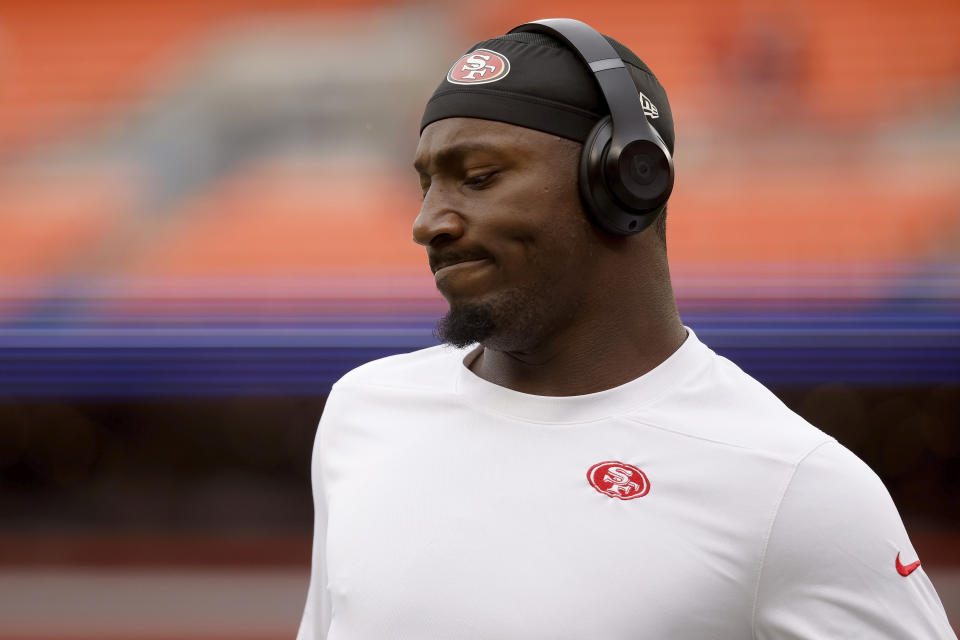 FILE - San Francisco 49ers wide receiver Deebo Samuel (19) warms up prior to the start of an NFL football game against the Cleveland Browns, Sunday, Oct. 15, 2023, in Cleveland. Samuel injured his shoulder in the first half of Sunday's game against the Cleveland Browns and has been ruled out. (AP Photo/Kirk Irwin, File)