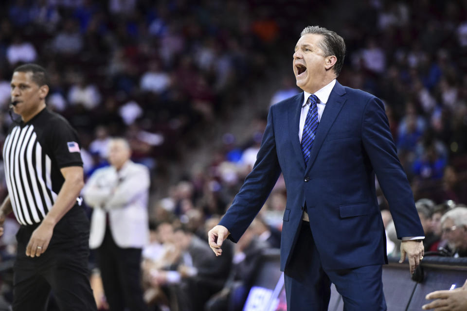Kentucky coach John Calipari shouts to players during the second half the team's NCAA college basketball game against South Carolina on Wednesday, Jan. 15, 2020, in Columbia, S.C. South Carolina won 81-78. (AP Photo/Sean Rayford)