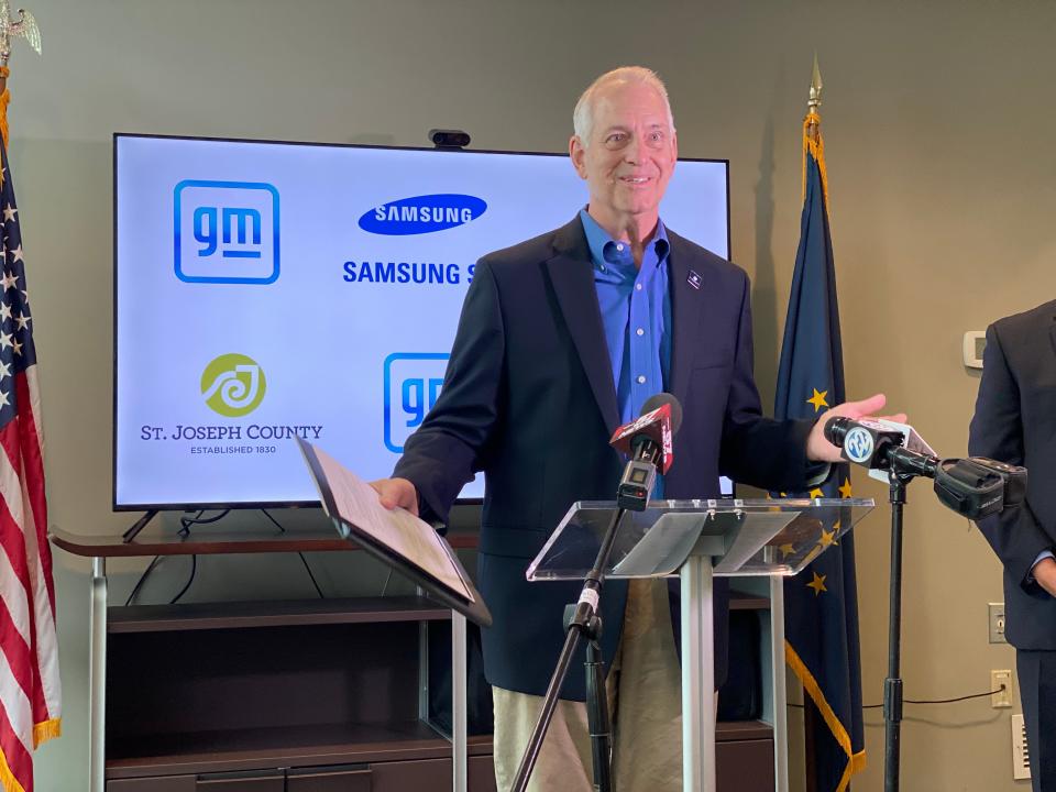 St. Joseph County Commissioner Carl Baxmeyer discusses the announcement earlier in the day that GM and Samsung SDI will build an EV battery plant in New Carlisle at a press conference June 13, 2023, at the chamber's offices in downtown South Bend.