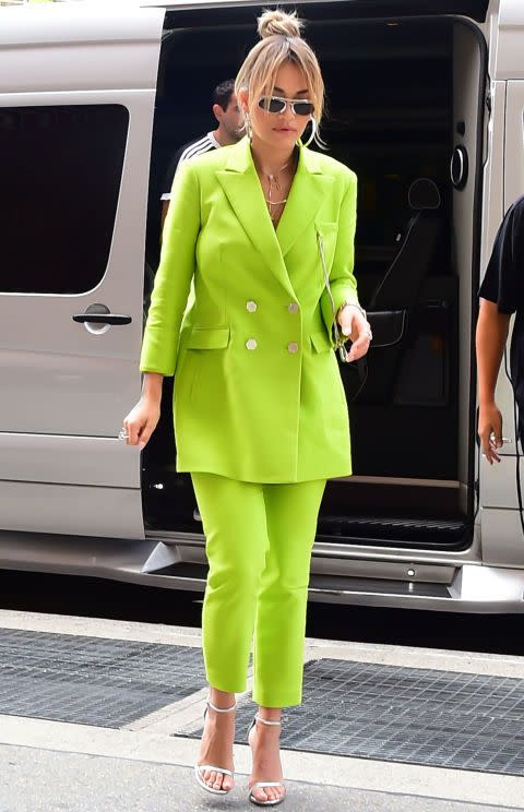 <p><strong>June 2017</strong> Rita Ora stood out wearing a vibrant lime Osman suit and Jennifer Fisher jewellery in New York. </p>