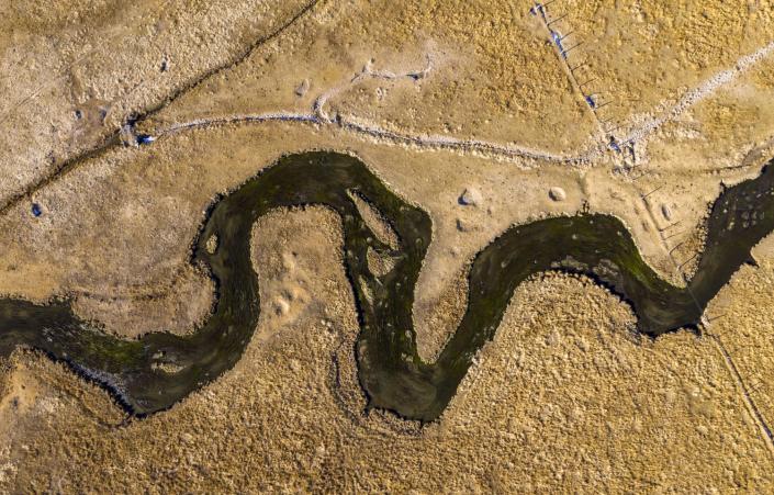 An aerial view of Hot Creek in the Eastern Sierra Nevada, diverted by irrigation ditches