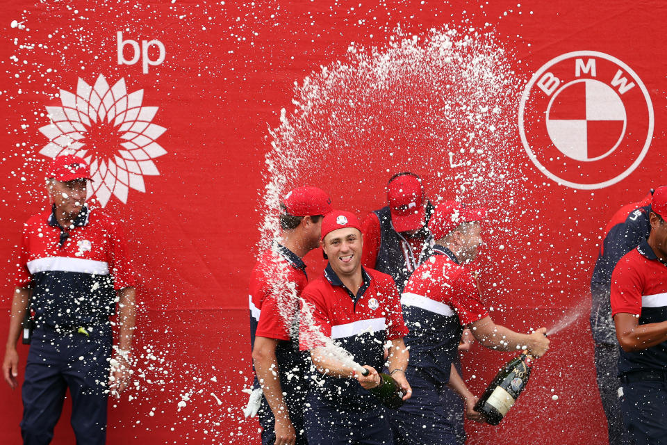 Justin Thomas celebrates the USA's 2021 Ryder Cup win. (Patrick Smith/Getty Images)