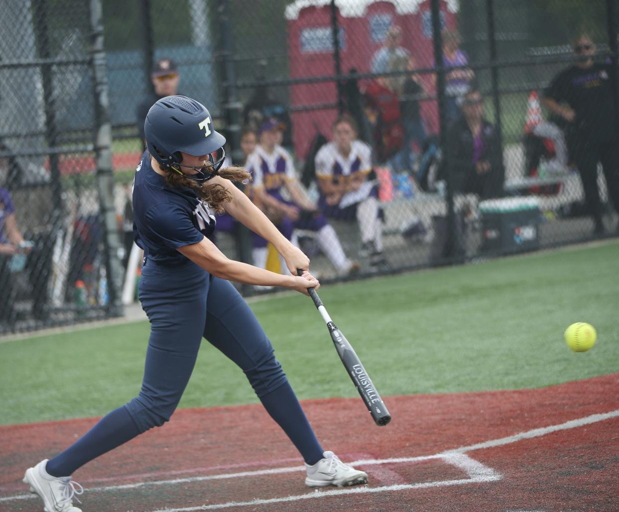 Webster Thomas' Maddie Throumoulos at bat during the New York State Softball Championship semifinal versus Troy on June 9, 2023. 