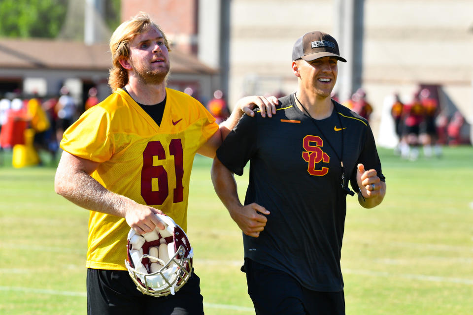 LOS ANGELES, CA - AUGUST 13: USC (61) Jake Olson (LS) runs to a drill during USC Trojans football practice at Brian Kennedy/ Howard Jones Field on August 13, 2018 in Los Angeles, CA. (Photo by Brian Rothmuller/Icon Sportswire via Getty Images)