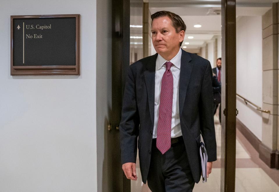 Michael Atkinson, the ousted inspector general of the intelligence community, arrives at the Capitol in Washington for closed-door questioning about a whistleblower complaint that triggered President Donald Trump's impeachment.