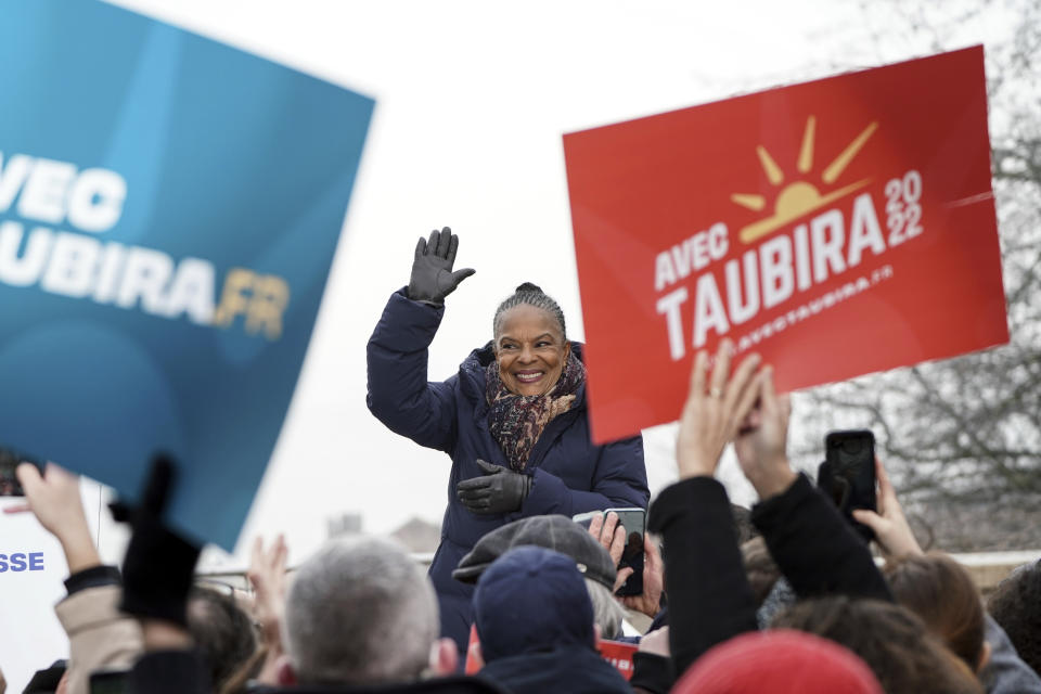 Former left-wing socialist minister Christiane Taubira delivers a speech to announce that she is candidate for the French presidential election 2022 during a visit in Lyon, central France, Saturday, Jan. 15, 2022. (AP Photo/Laurent Cipriani)