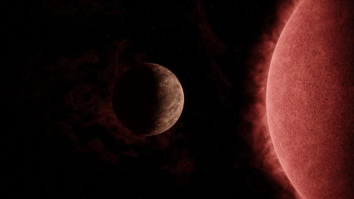  A rocky planet orbiting a hot red star in space. 