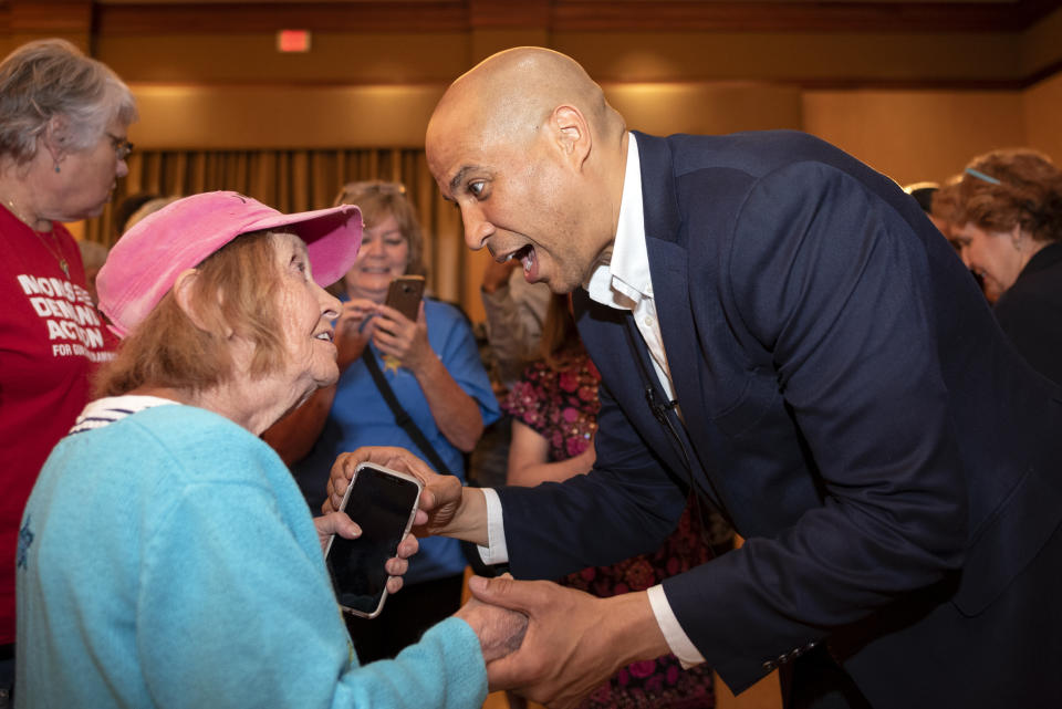 LAS VEGAS, NEVADA, UNITED STATES - 2019/05/28: Democratic presidential candidate, Sen. Cory Booker, greets attendees a during a campaign event in Henderson, Nevada. Senator Booker spoke to attendees about his gun violence prevention plan and reproductive rights proposal. (Photo by Ronen Tivony/SOPA Images/LightRocket via Getty Images)