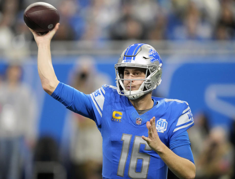 FILE - Detroit Lions quarterback Jared Goff passes against the Tampa Bay Buccaneers during the first half of an NFL football NFC divisional playoff game, Sunday, Jan. 21, 2024, in Detroit. A person familiar with the situation says the Lions and Goff have agreed to a $212 million, four-year contract extension. The person tells The Associated Press, Monday, May 13, 2024, that the deal includes $170 million in guarantees, speaking on condition of anonymity because the terms were not announced. (AP Photo/Carlos Osorio, File)