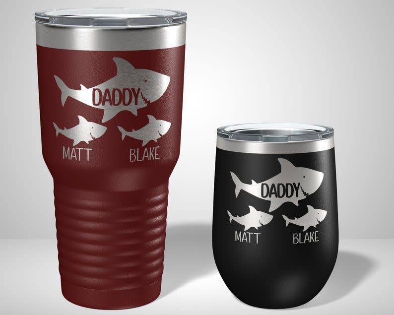 29) The Lasercraft Company Daddy Shark Baby Shark Personalized Tumbler