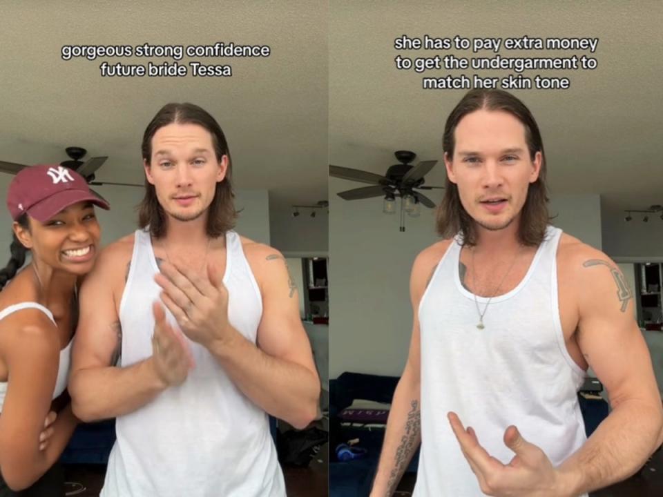 Joey Kirchner calls out bridal shop after fiancée Tessa Tookes was asked to pay extra for undergarments to match her skin tone (TikTok/@joeyandtessa)