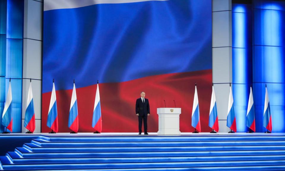 Vladimir Putin delivers his annual address at Moscow’s Manezh Central Exhibition Hall on Wednesday.