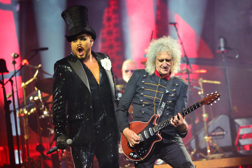 LONDON, ENGLAND - JUNE 05: (EDITORIAL USE ONLY) Adam Lambert performs on stage with Brian May of Queen, during the Rhapsody tour, at The O2 Arena on June 05, 2022 in London, England. (Photo by Jim Dyson/Getty Images)