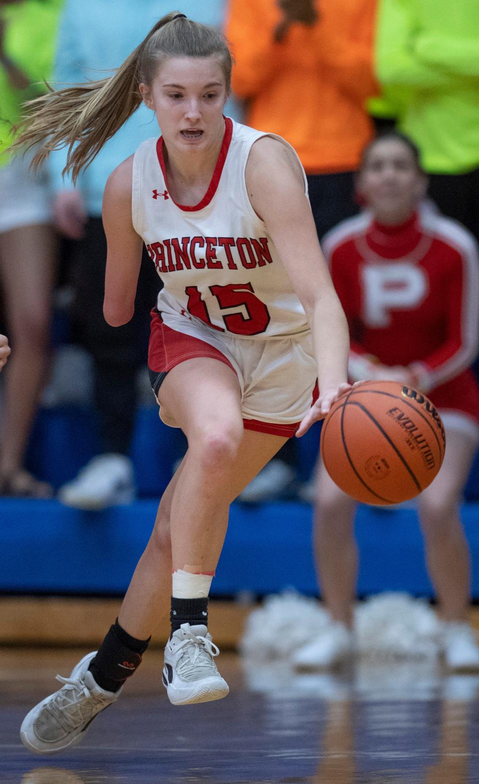 Princeton's Lexi Smith (15) makes a steal against Gibson Southern during their Class 3A regional at Charlestown High School Saturday night, Feb. 11, 2023. Gibson Southern beat Princeton 71-55 to advance to semi-state next Saturday, Feb. 18, 2023.