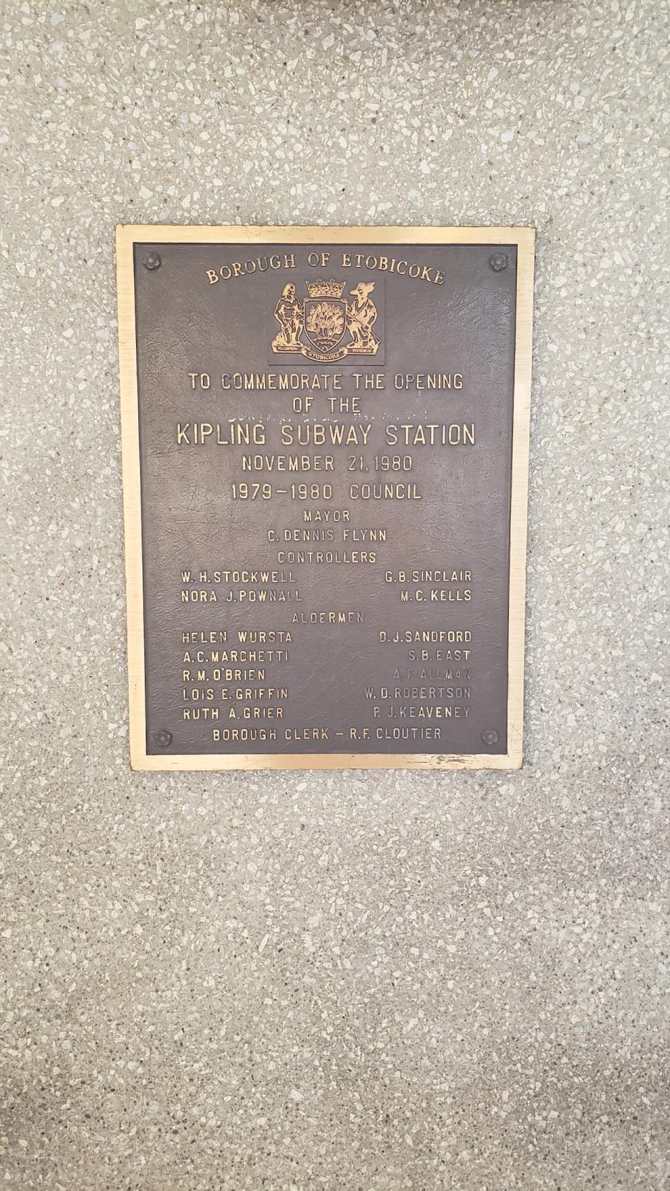 Holyday says the coat of arms exists in many places around the city, including in the Kipling TTC station, where it's part of a memorial plaque.