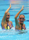 LONDON, ENGLAND - AUGUST 05: Kseniya Sydorenko and Daria Iushko of the Ukraine compete in the Women's Duets Synchronised Swimming Technical Routine on Day 9 of the London 2012 Olympic Games at the Aquatics Centre on August 5, 2012 in London, England. (Photo by Clive Rose/Getty Images)