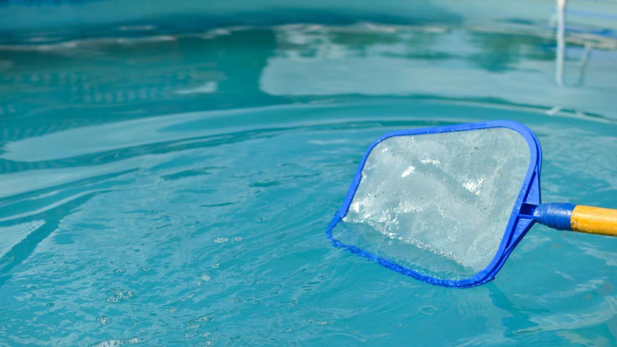 A person cleaning a swimming pool