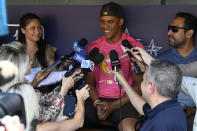 San Diego Padres' Juan Soto talks to the media before a baseball game against the Washington Nationals, Friday, Aug. 12, 2022, in Washington. (AP Photo/Nick Wass)