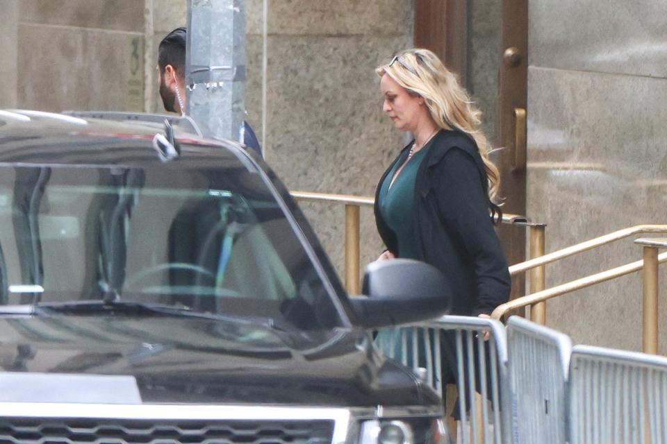 Daniels, pictured leaving court in May after testifying in Trump’s hush money trial, wore a bulletproof vest on her way to the courthouse (AFP via Getty Images)