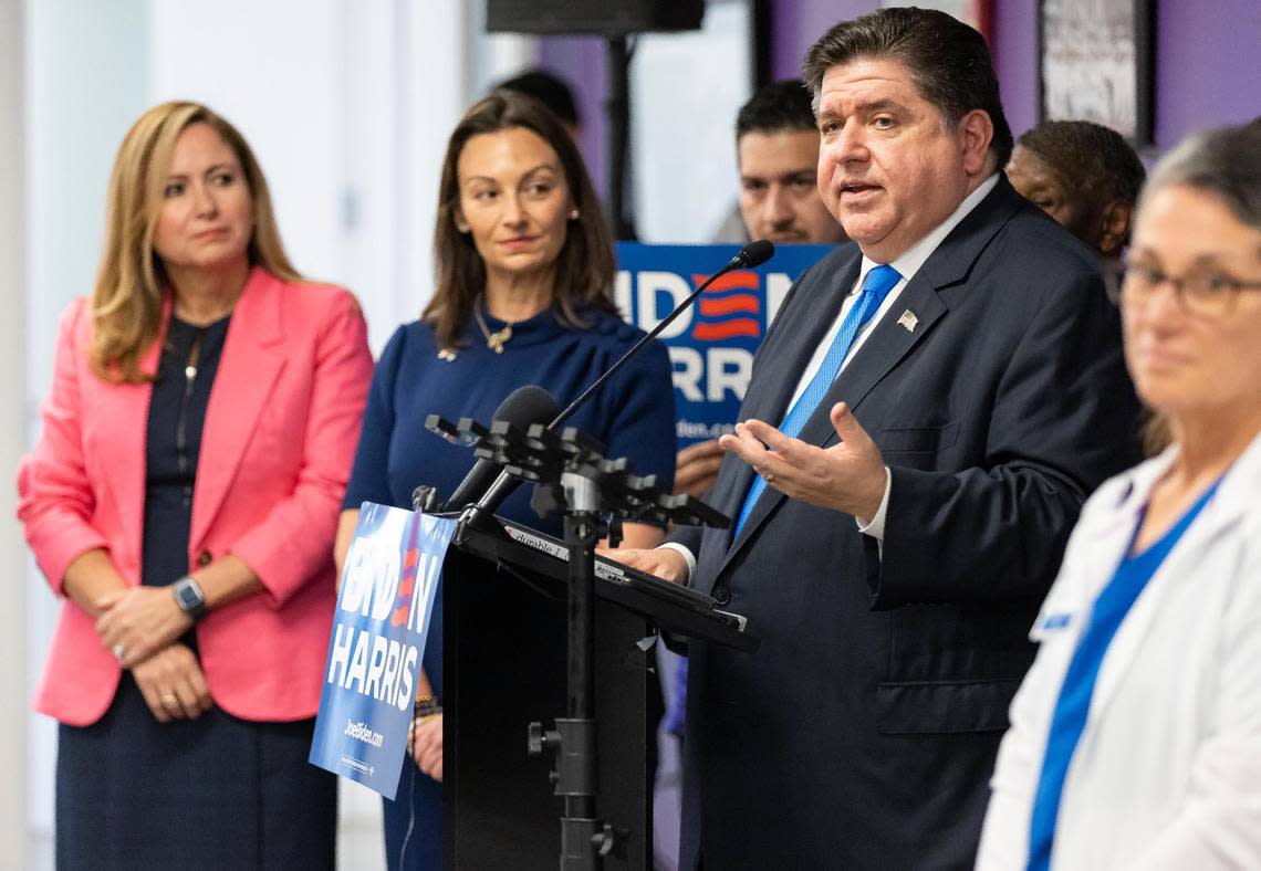 Illinois Governor J.B. Pritzker speaks during a press conference at the SEIU 1991 on Tuesday, Nov. 7, 2023, in Miami, Fla. The event was held ahead of Donald Trump’s trip to Hialeah and the third GOP Primary Debate on Wednesday. MATIAS J. OCNER/mocner@miamiherald.com