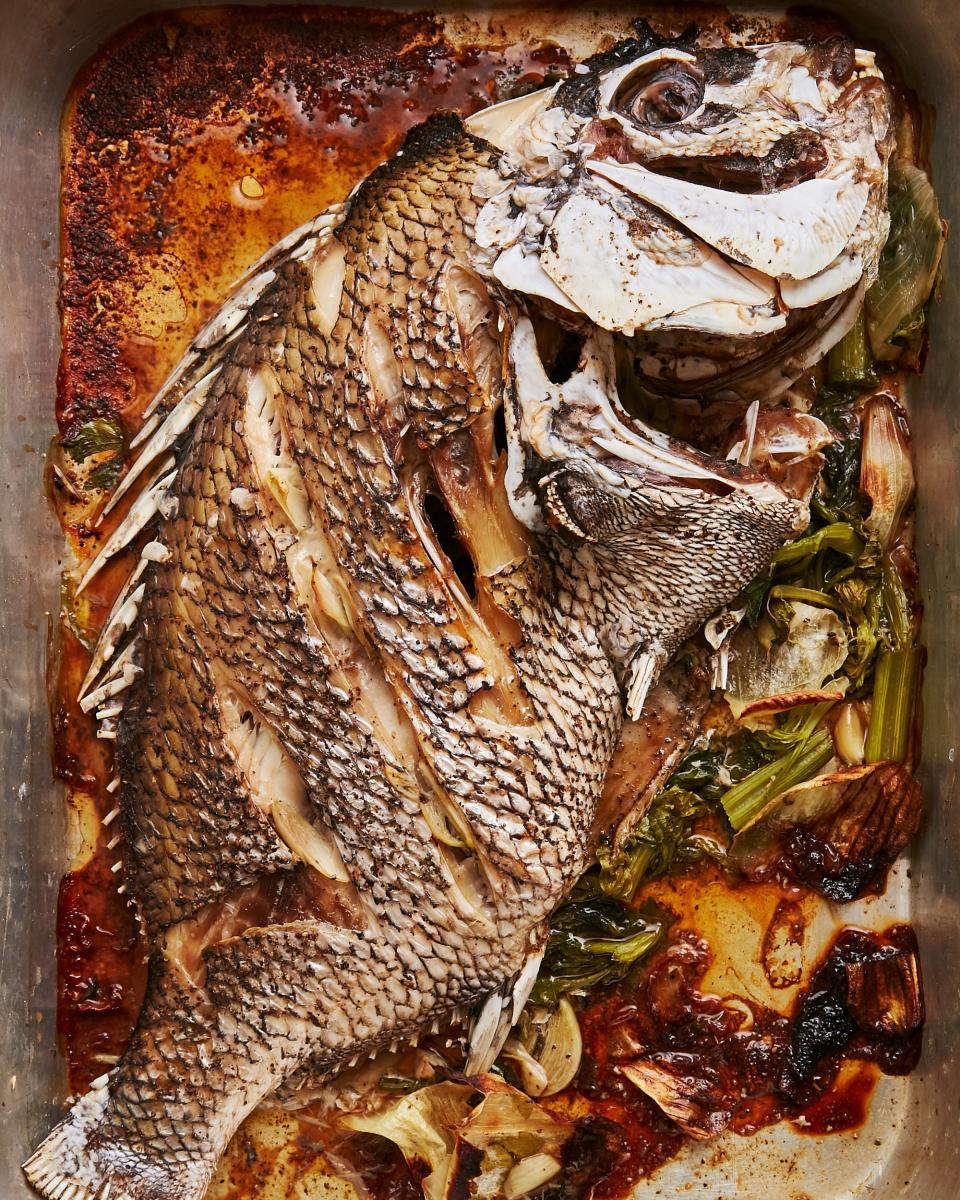 Brownlee's roasted sheepshead fish stuffed with garlic.