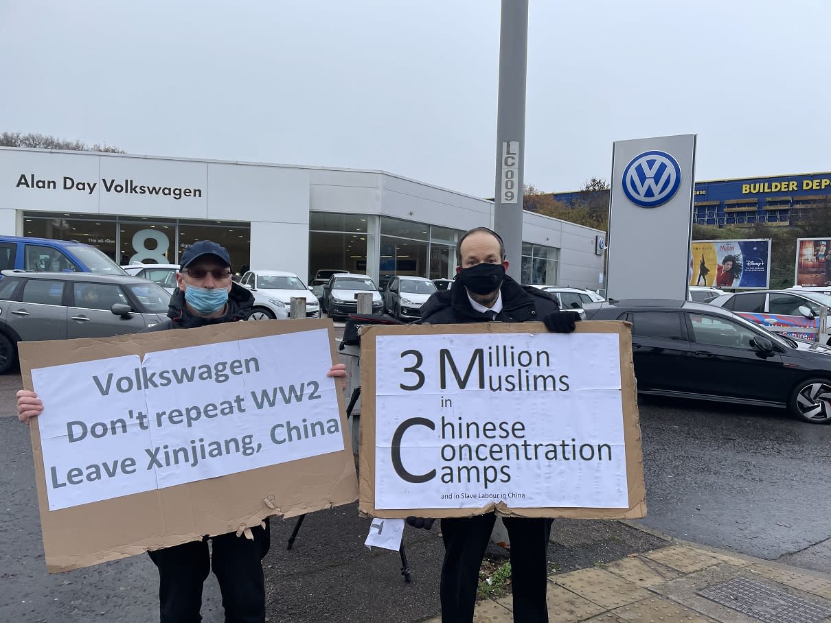 Andrew has been protesting outside a VW dealership.
