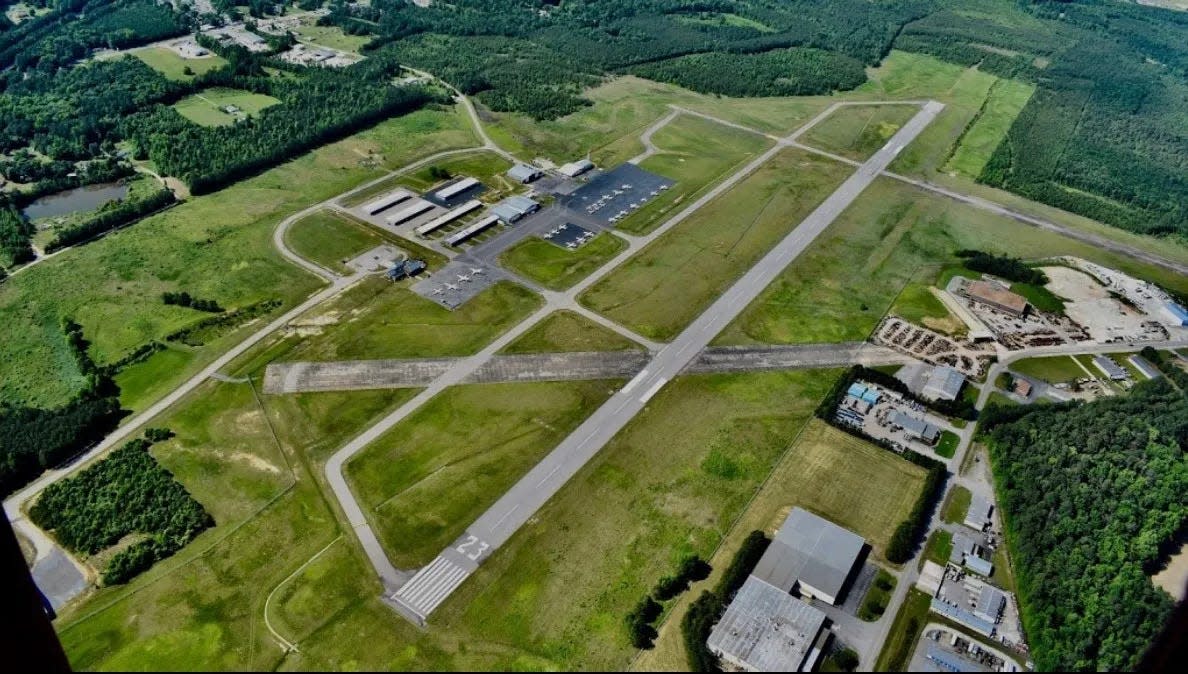 This overhead shot of Dinwiddie Airport shows the runway that will benefit from the $270,000 Federal Aviation Administration grant announced Tuesday by Virginia Sens. Mark Warner and Tim Kaine