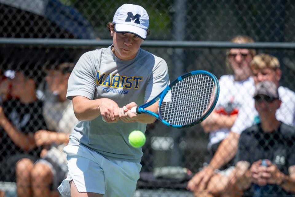 Marist’s EJ Roedl goes after the ball during the final singles match at the OSAA Class 4A/3A/2A/1A tennis state championship at Oregon State University in Corvallis Saturday, May 20,2023.