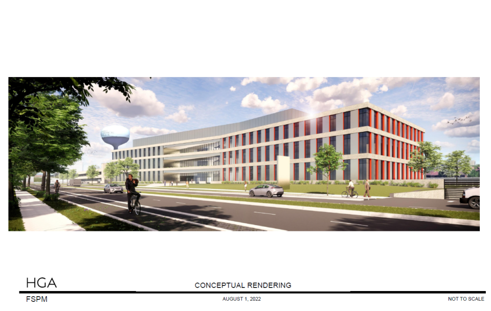 A conceptual rendering of the planned Center for Forensic Science and Protective Medicine was presented to the Milwaukee County American Rescue Plan Act Taskforce on Sept. 8, 2022.  The center would house the state's Crime Lab along with Milwaukee County's offices of the Medical Examiner and Emergency Management.