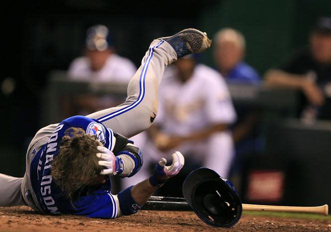 Josh Donaldson moments after being hit by a pitch from Kansas City's Kelvin Herrera. (AP)