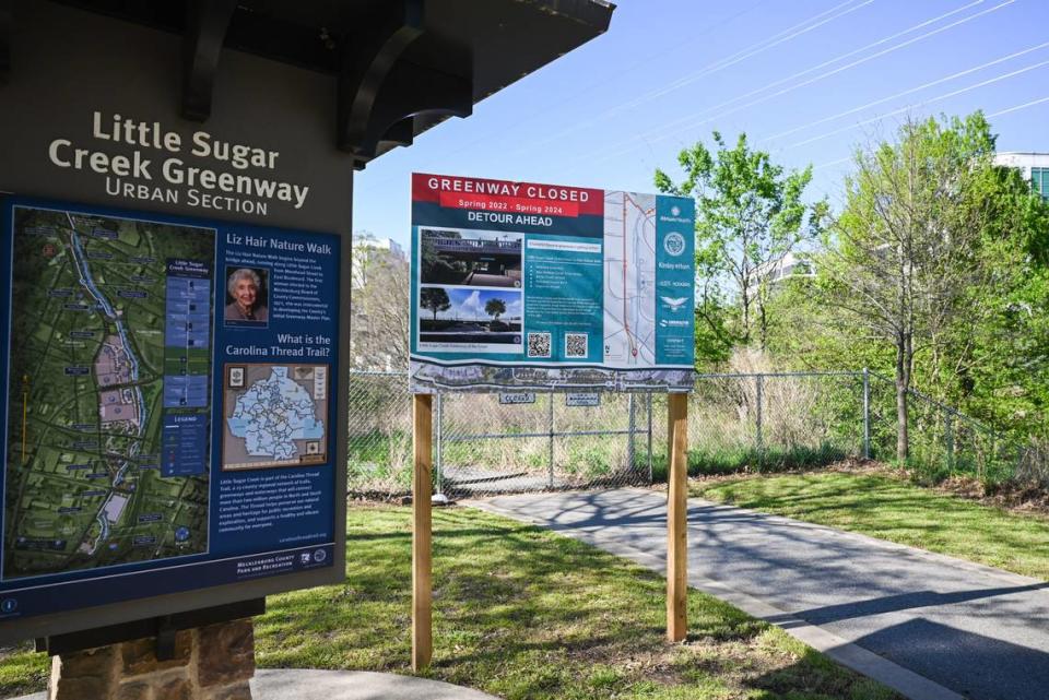 The sign explaining the closure of the Little Sugar Creek Greenway that leads from Midtown to Freedom Park.