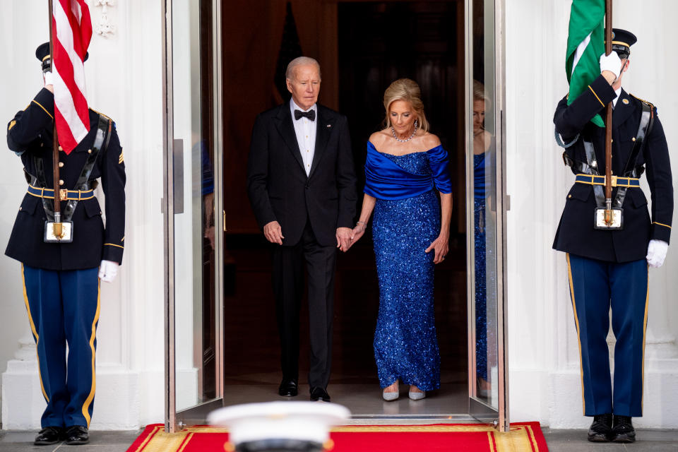 WASHINGTON, DC - MAY 23: U.S. President Joe Biden and first lady Jill Biden arrive to greet Kenyan President William Ruto and his wife Rachel Ruto as they arrive for a State Dinner at the White House on May 23, 2024 in Washington, DC. Biden is hosting President Ruto and his wife Rachel Ruto for a state visit, which included a bilateral meeting, a joint press conference and state dinner. Ruto's visit is the first official state visit to the White House by a leader from an African country since 2008. (Photo by Andrew Harnik/Getty Images)