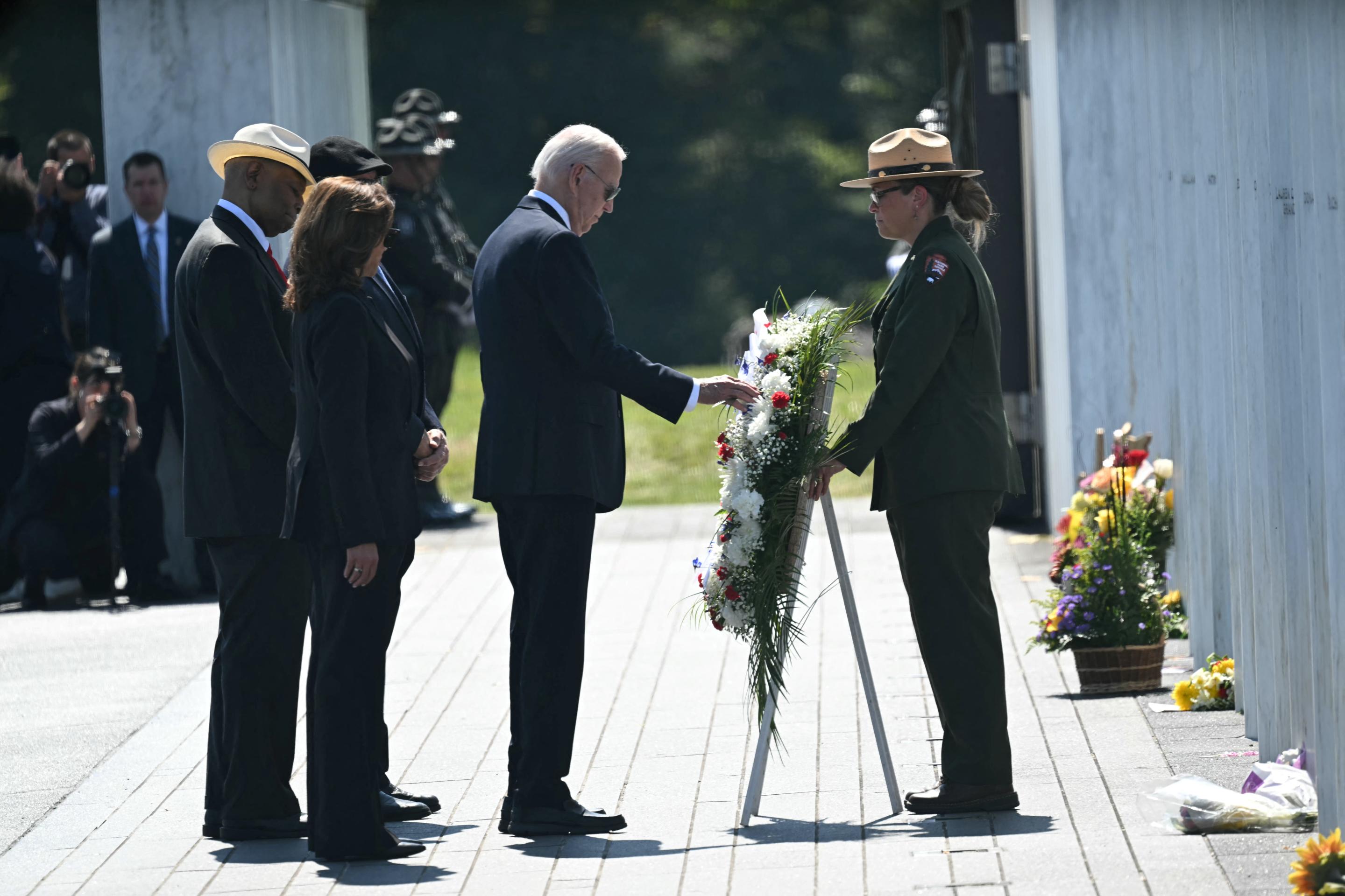 President Joe Biden and Vice President Kamala Harris participate in a wreath-laying ceremony for Flight 93 in Shanksville, Pennsylvania.